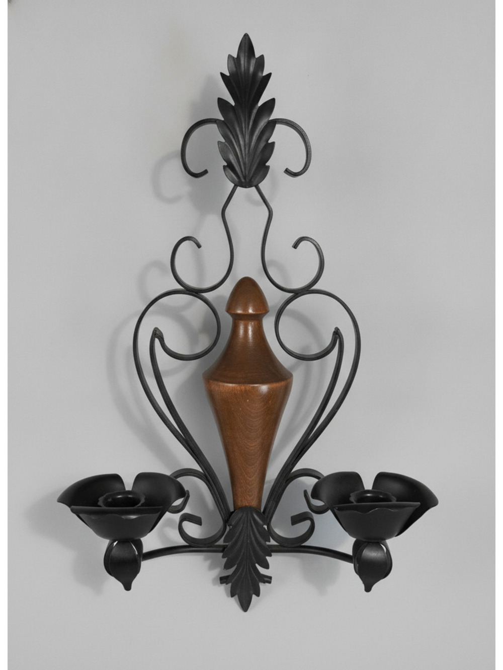 Vintage Mid-Century Black Wrought Iron & Wood Double Candle Wall Sconce 17"